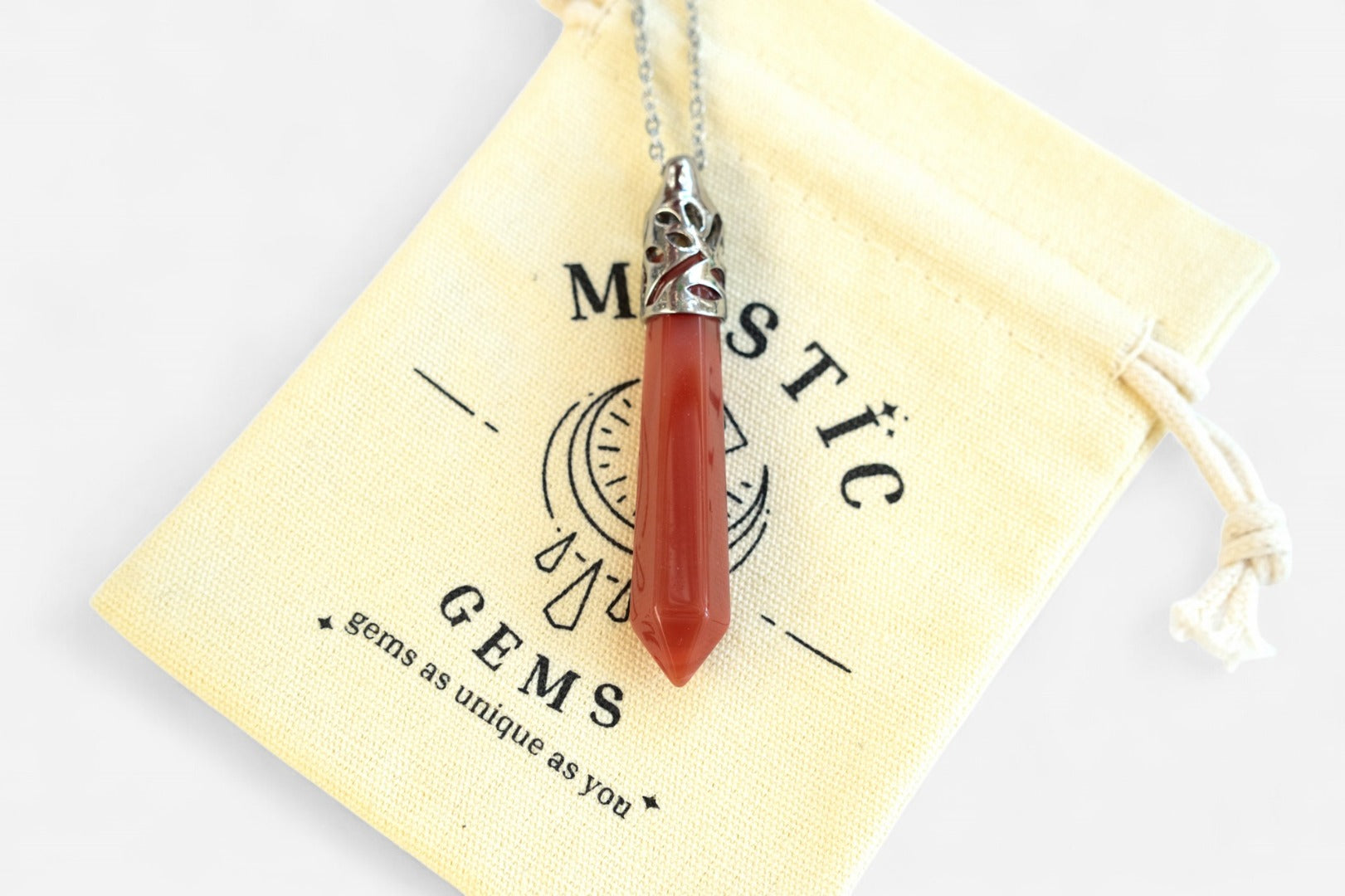 Red Agate Long Hexagonal Natural Gemstone Pendant Necklace 50cm with Pouch - Mystic Gems
