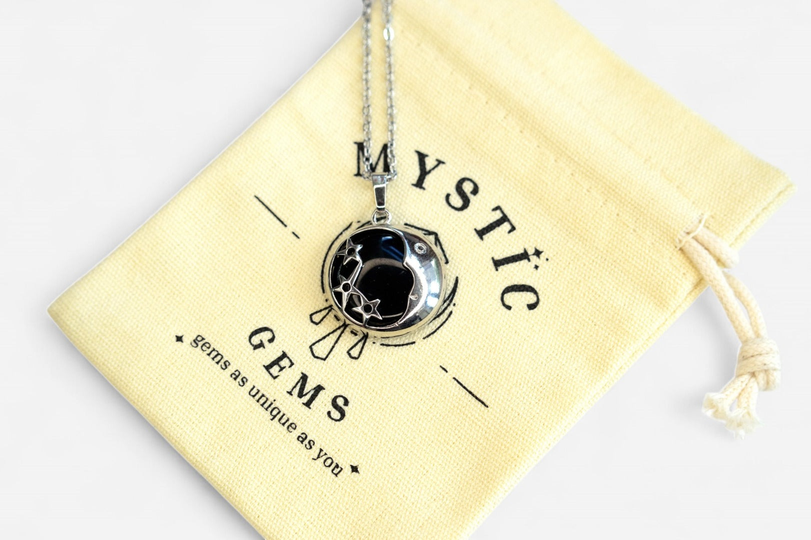 Black Onyx Moon Natural Gemstone Pendant Necklace 50cm with Pouch - Mystic Gems