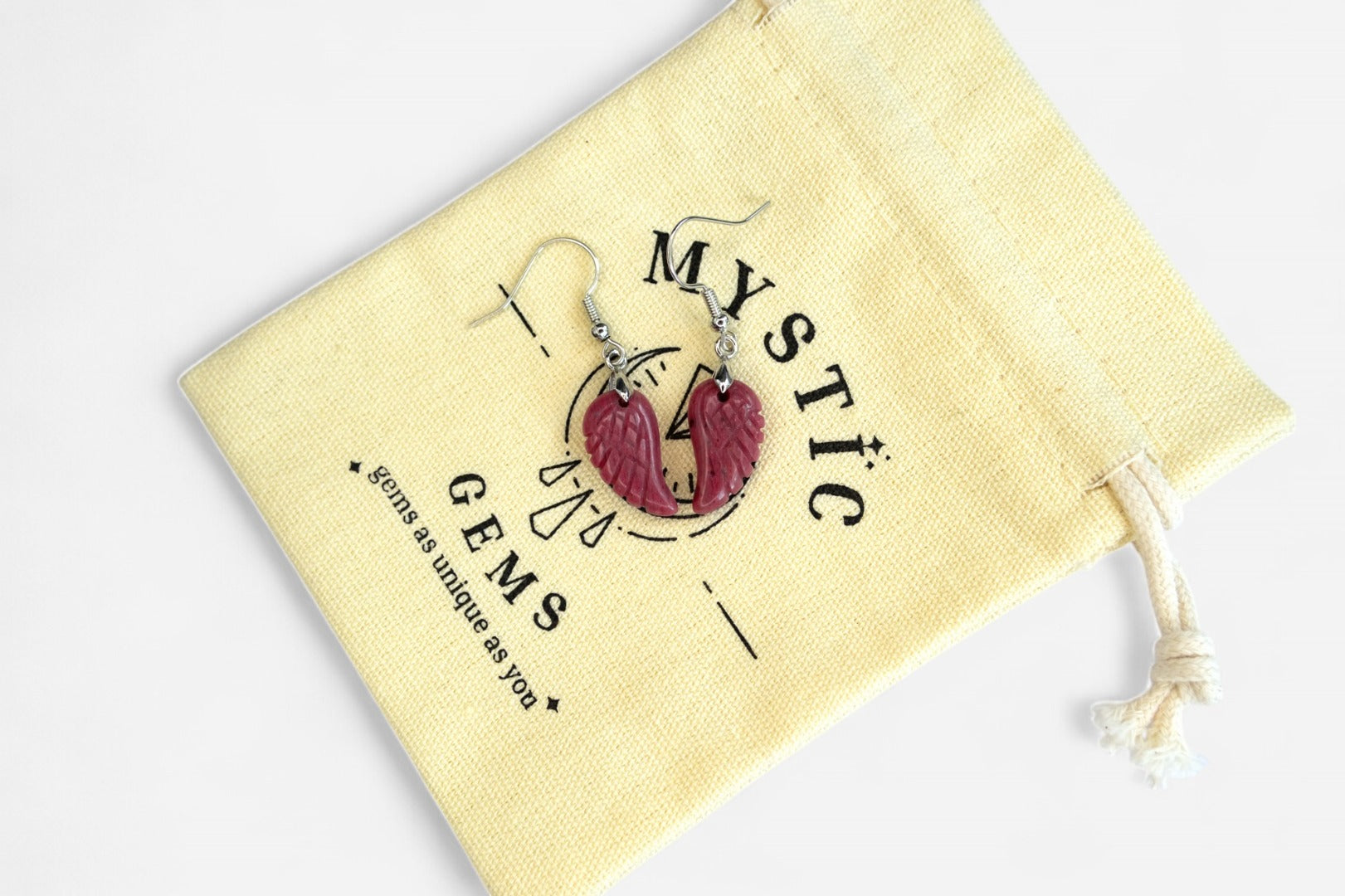 Rhodonite Small Angel Wing Natural Gemstone Earrings with Pouch - Mystic Gems