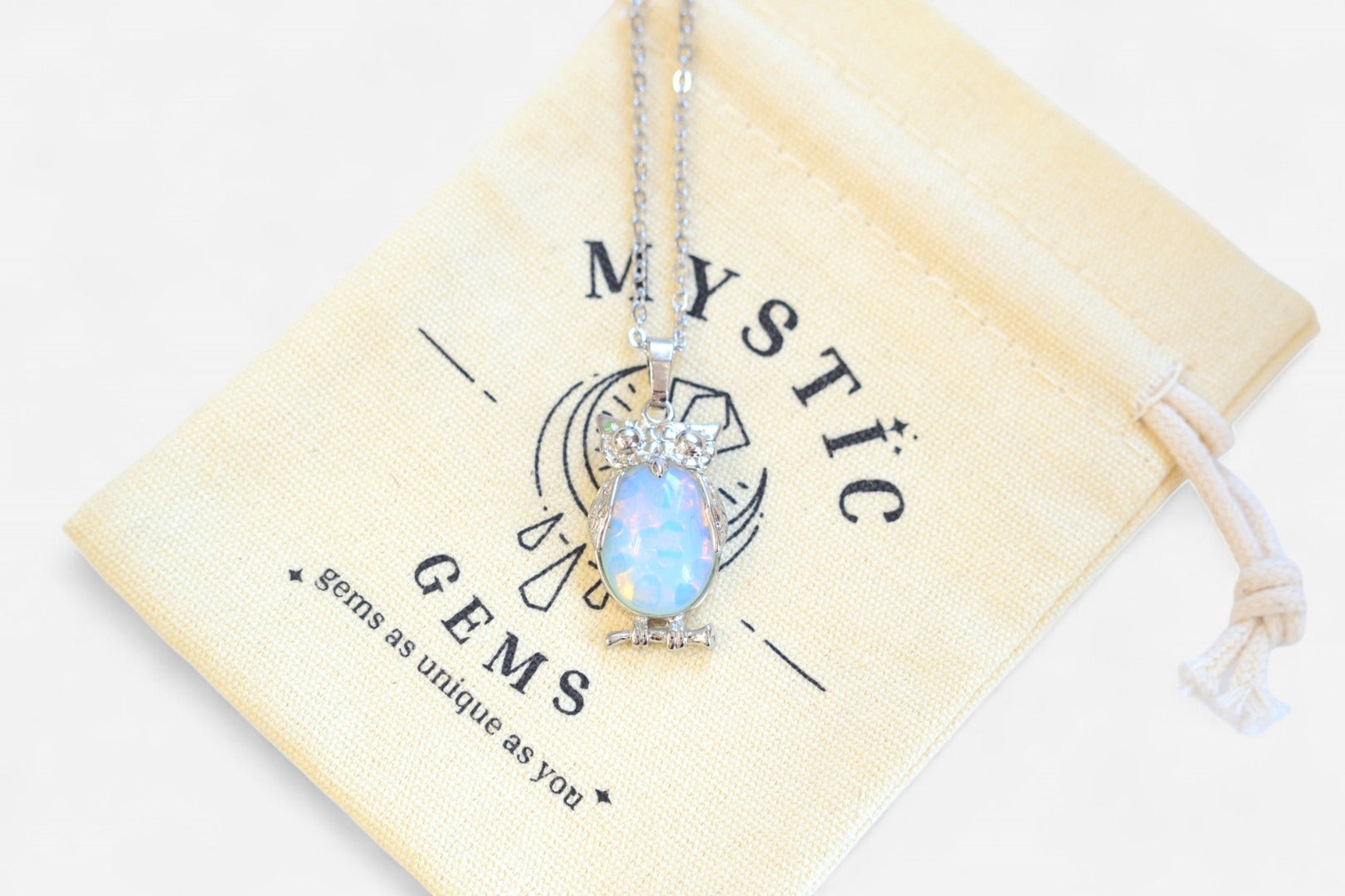 Opalite Owl Manmade Gemstone Pendant Necklace 50cm with Pouch - Mystic Gems