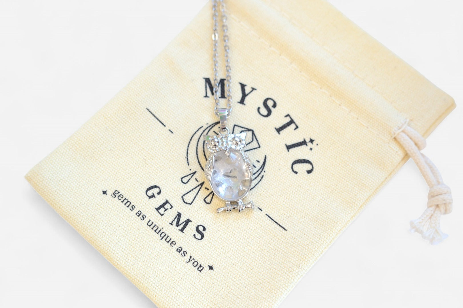 Clear Quartz Owl Natural Gemstone Pendant Necklace 50cm with Pouch - Mystic Gems
