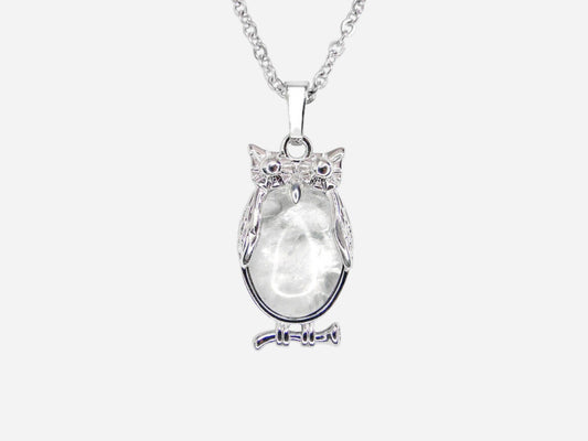 Clear Quartz Owl Natural Gemstone Pendant Necklace 50cm with Pouch - Mystic Gems