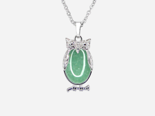 Green Aventurine Owl Natural Gemstone Pendant Necklace 50cm with Pouch - Mystic Gems