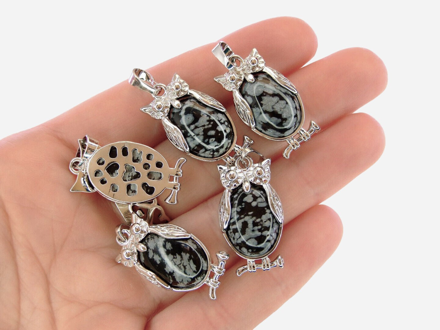 Snowflake Obsidian Owl Natural Gemstone Pendant Necklace 50cm with Pouch - Mystic Gems