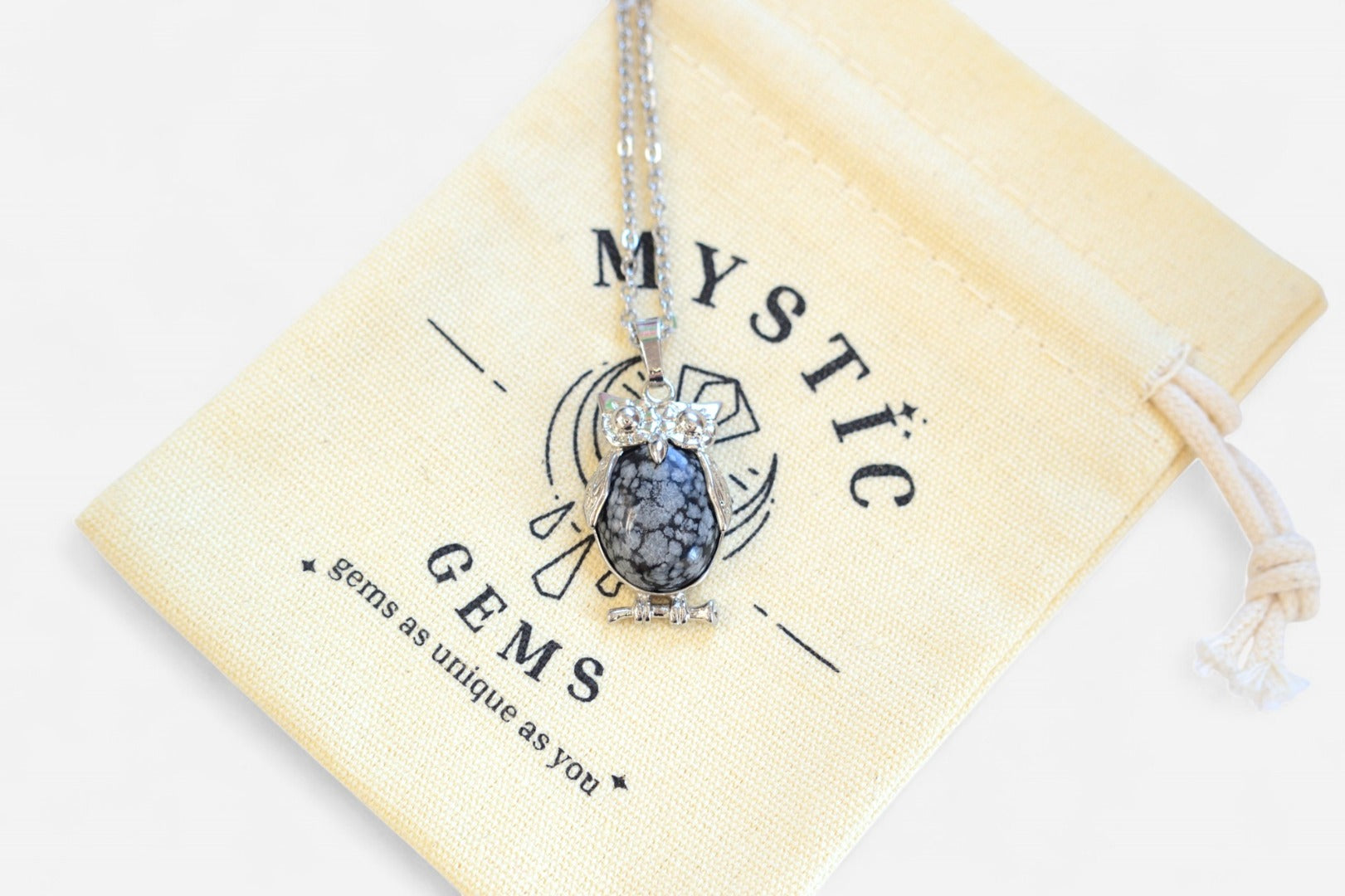 Snowflake Obsidian Owl Natural Gemstone Pendant Necklace 50cm with Pouch - Mystic Gems