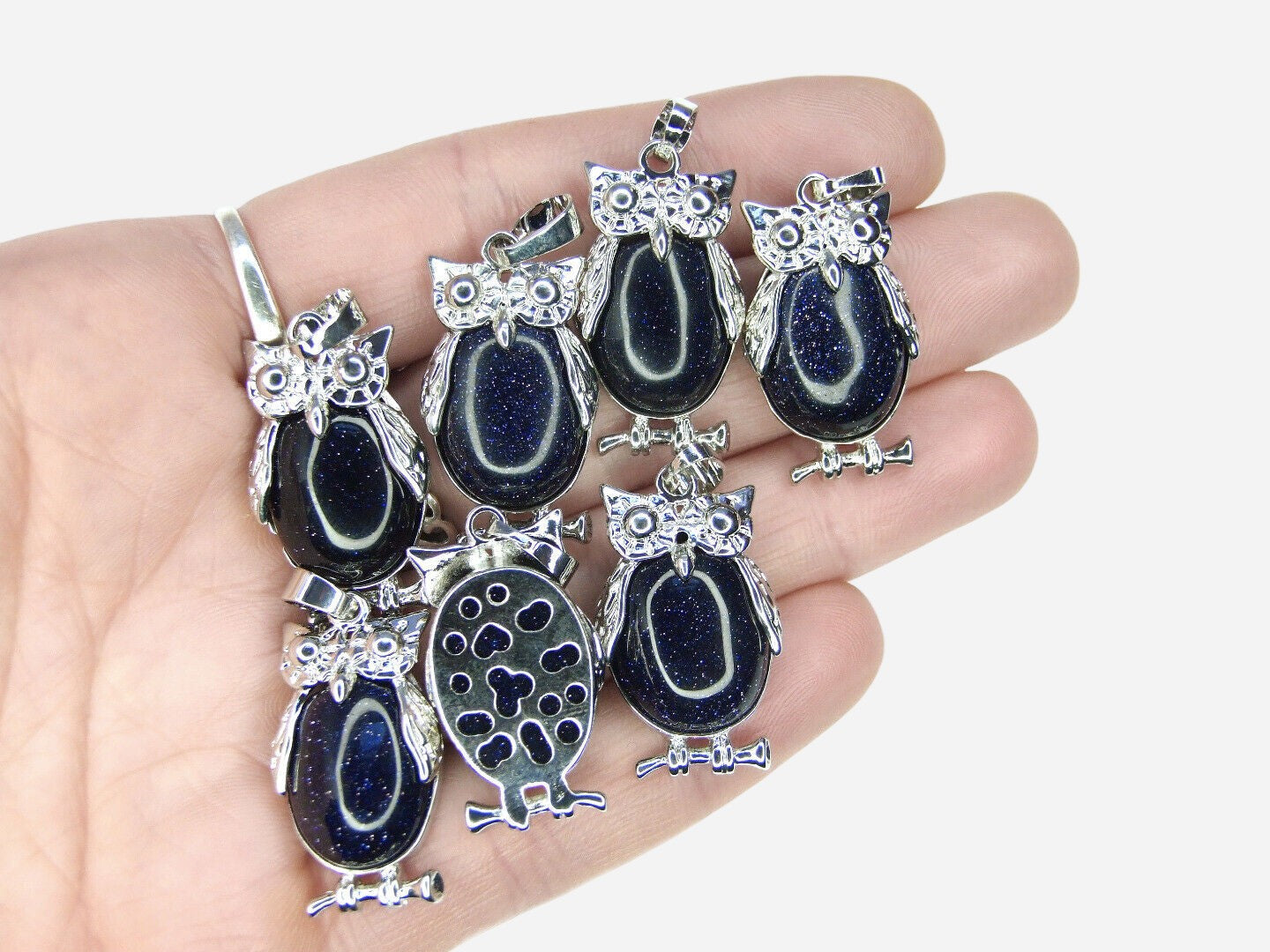 Blue Goldstone Owl Manmade Gemstone Pendant Necklace 50cm with Pouch - Mystic Gems