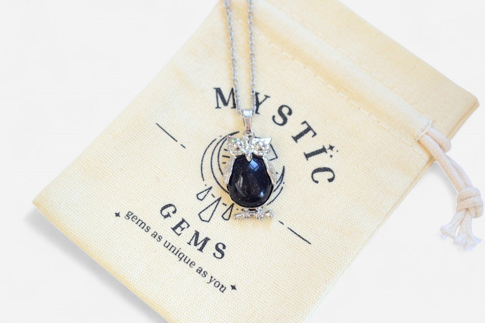 Blue Goldstone Owl Manmade Gemstone Pendant Necklace 50cm with Pouch - Mystic Gems
