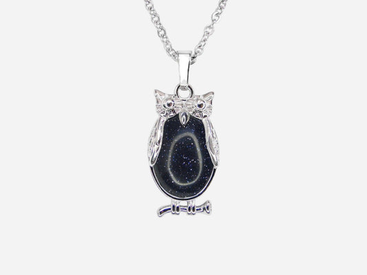 Blue Goldstone Owl Manmade Gemstone Pendant Necklace 50cm with Pouch - Mystic Gems