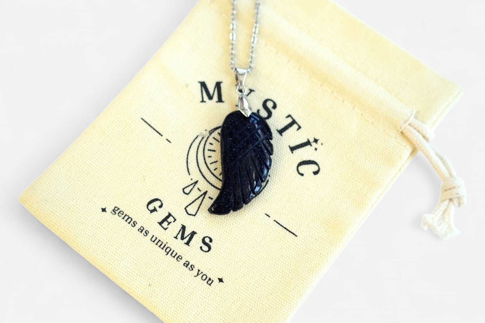 Blue Goldstone Angel Wing Manmade Gemstone Pendant Necklace 50cm with Pouch - Mystic Gems