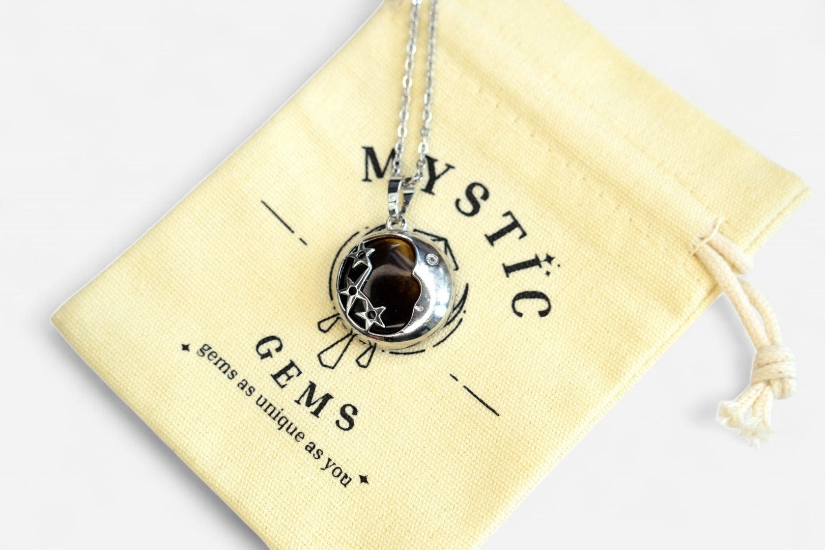 Tigers Eye Moon Natural Gemstone Pendant Necklace 50cm with Pouch - Mystic Gems