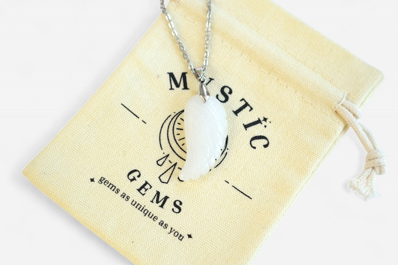 White Jade Angel Wing Natural Gemstone Pendant Necklace 50cm with Pouch - Mystic Gems