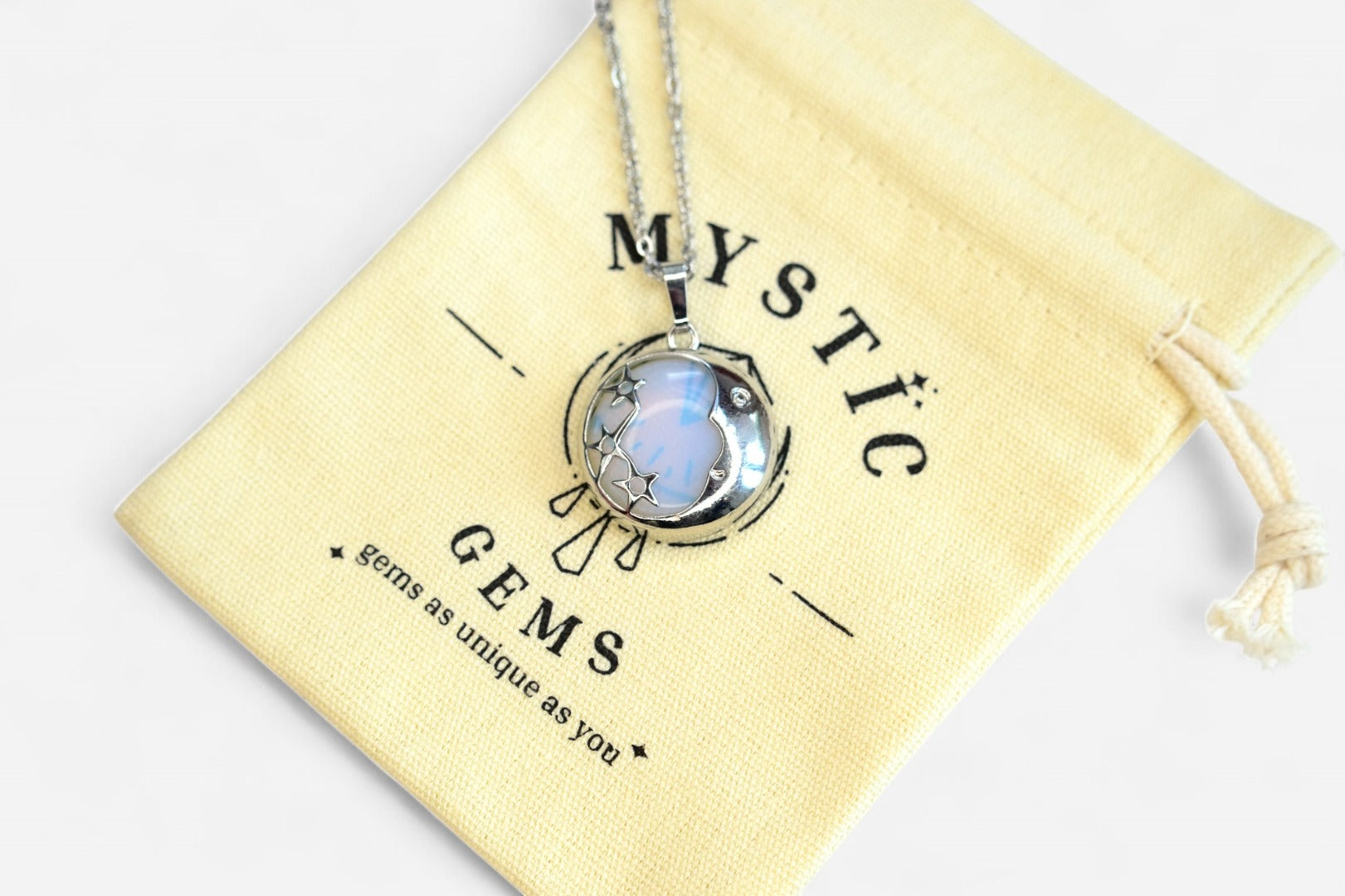 Opalite Moon Manmade Gemstone Pendant Necklace 50cm with Pouch - Mystic Gems