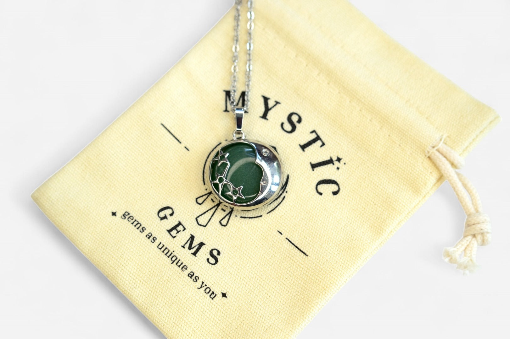 Aventurine Moon Natural Gemstone Pendant Necklace 50cm with Pouch - Mystic Gems