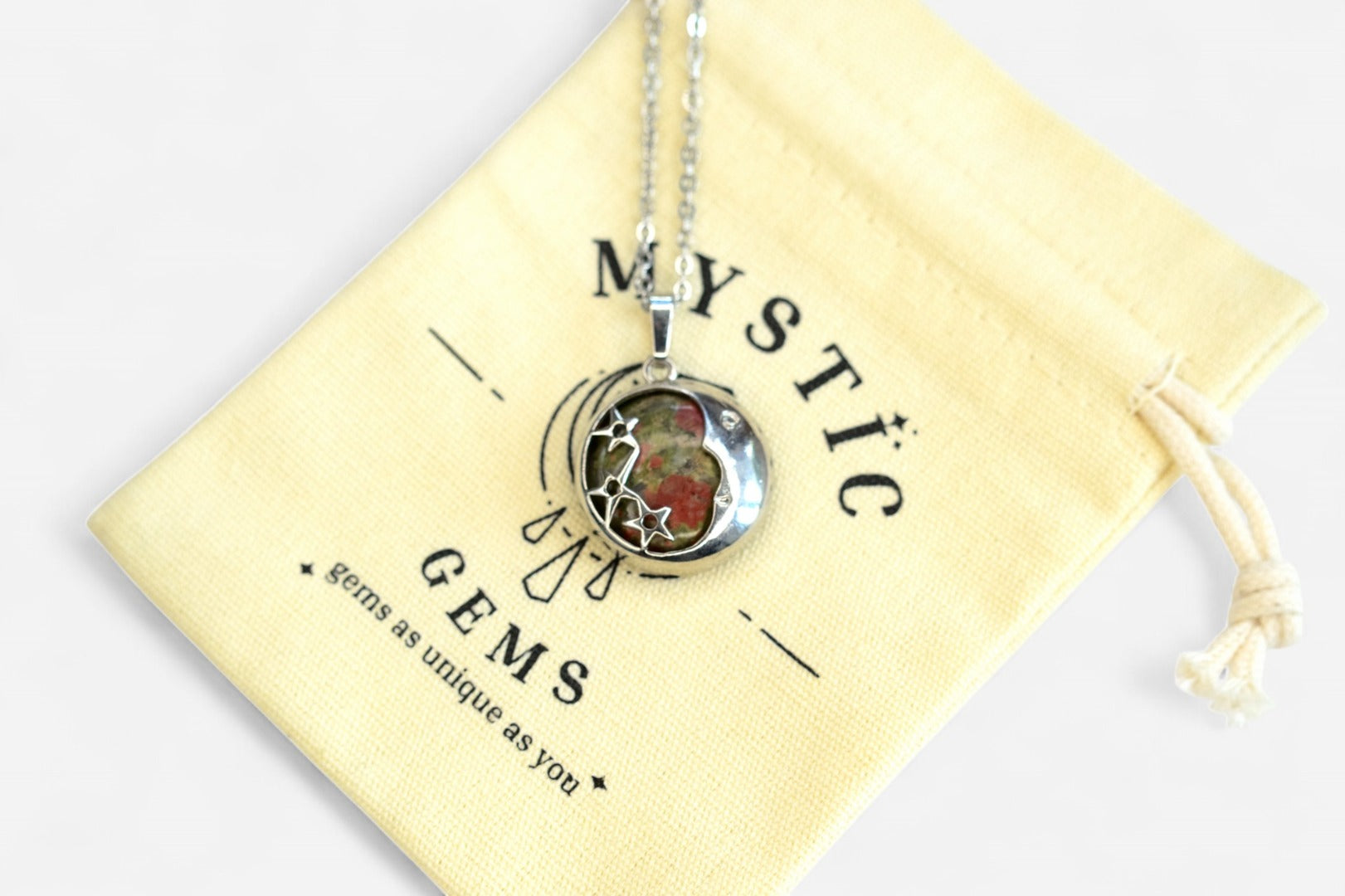 Unakite Moon Natural Gemstone Pendant Necklace 50cm with Pouch - Mystic Gems