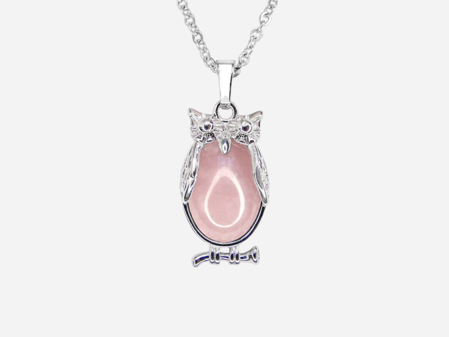 Rose Quartz Owl Natural Gemstone Pendant Necklace 50cm with Pouch - Mystic Gems
