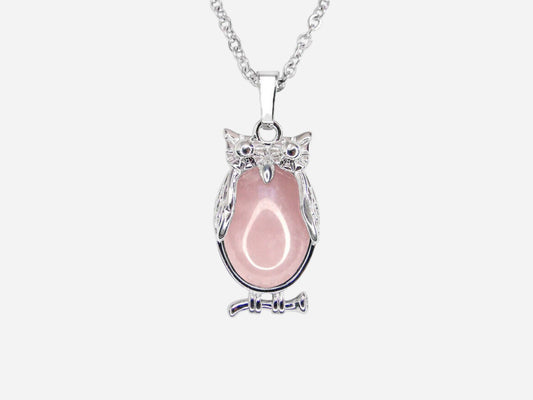 Rose Quartz Owl Natural Gemstone Pendant Necklace 50cm with Pouch - Mystic Gems