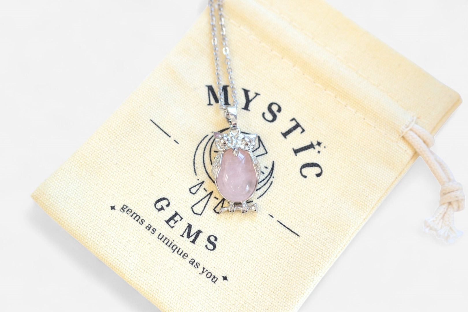 Rose Quartz Owl Natural Gemstone Pendant Necklace 50cm with Pouch - Mystic Gems