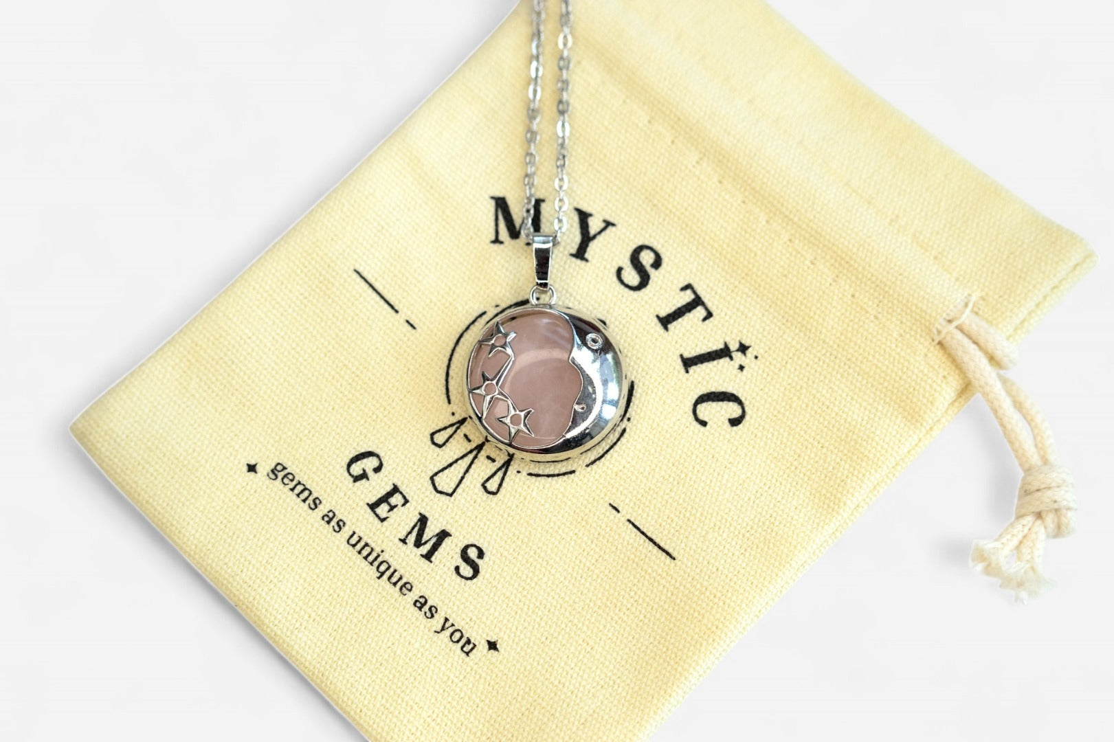 Rose Quartz Moon Natural Gemstone Pendant Necklace 50cm with Pouch - Mystic Gems