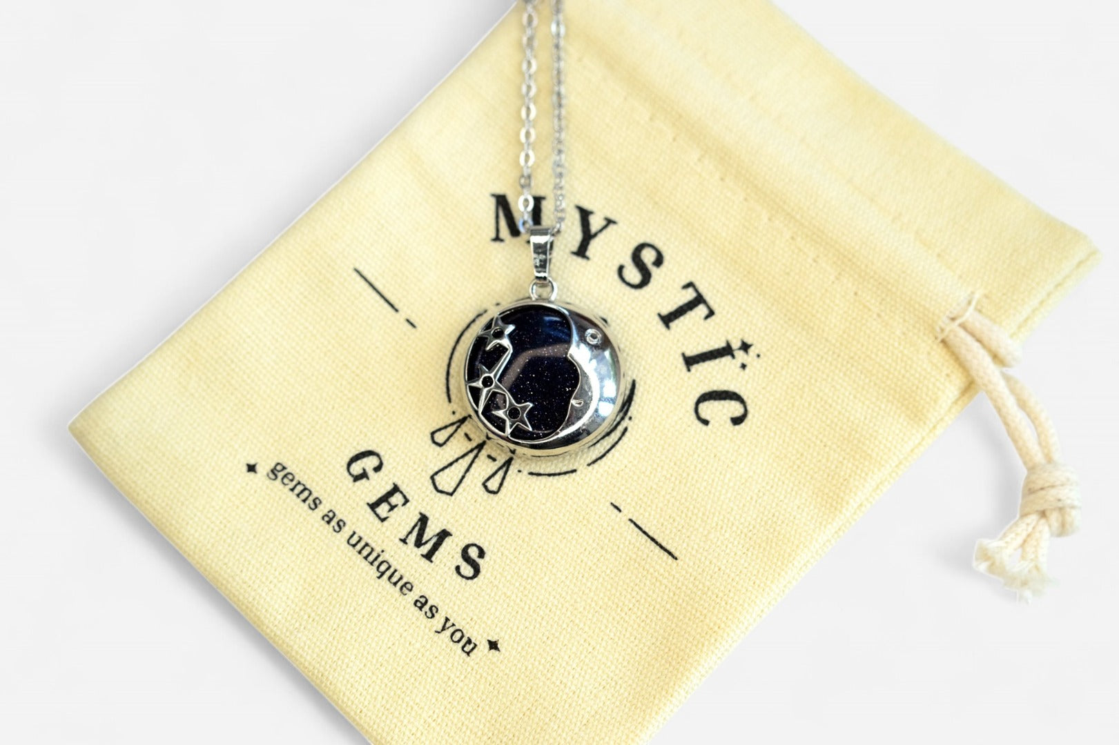 Blue Goldstone Moon Manmade Gemstone Pendant Necklace 50cm with Pouch - Mystic Gems