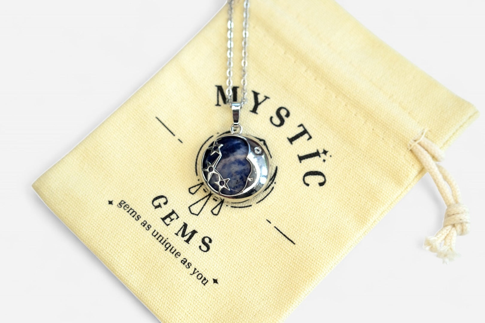Sodalite Moon Natural Gemstone Pendant Necklace 50cm with Pouch - Mystic Gems