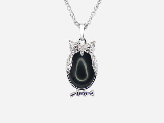 Black Onyx Owl Natural Gemstone Pendant Necklace 50cm with Pouch - Mystic Gems