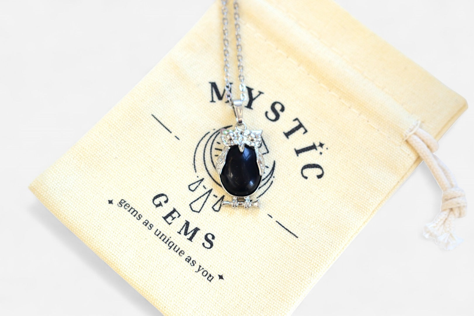 Black Onyx Owl Natural Gemstone Pendant Necklace 50cm with Pouch - Mystic Gems
