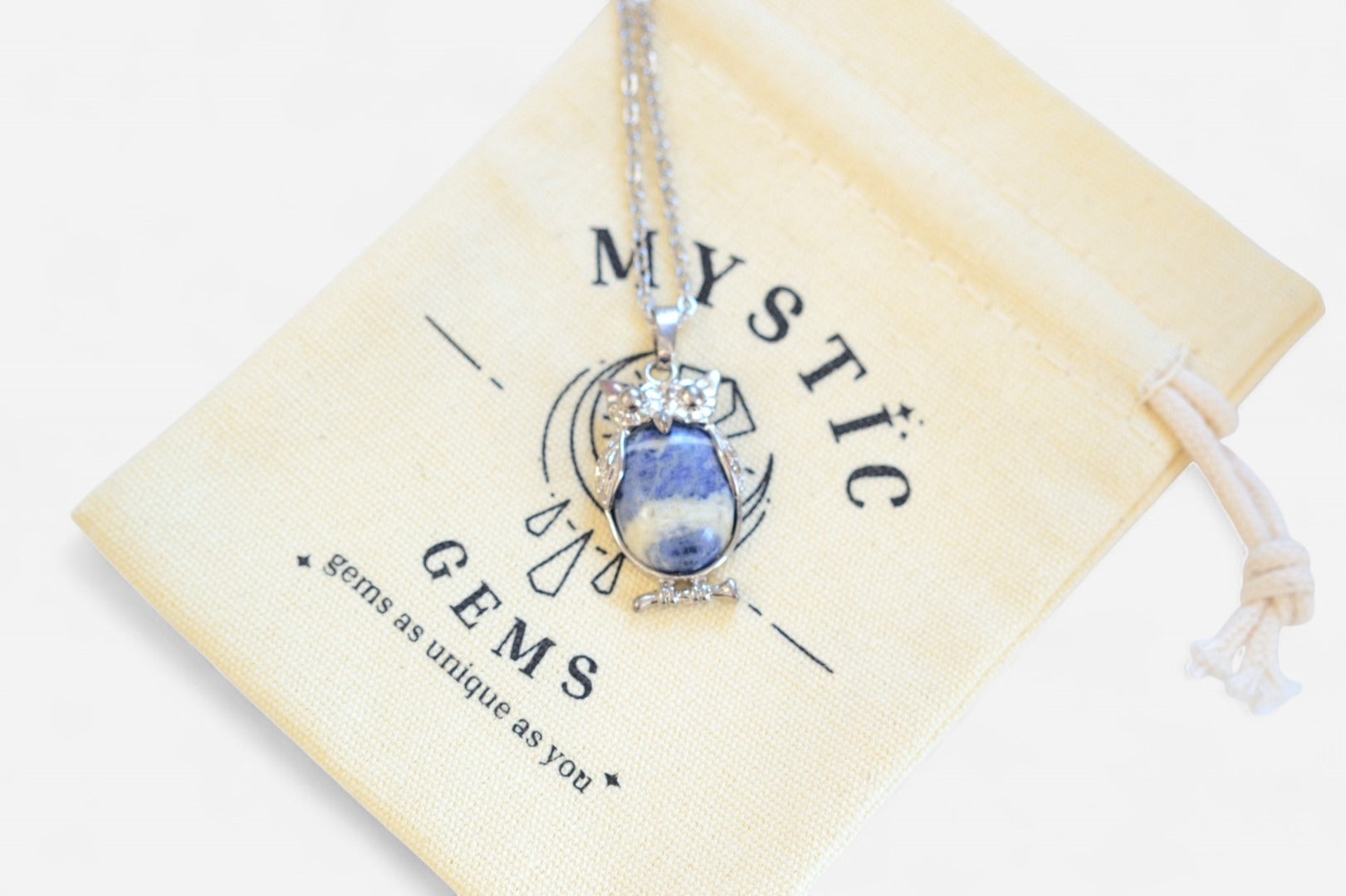 Sodalite Owl Natural Gemstone Pendant Necklace 50cm with Pouch - Mystic Gems