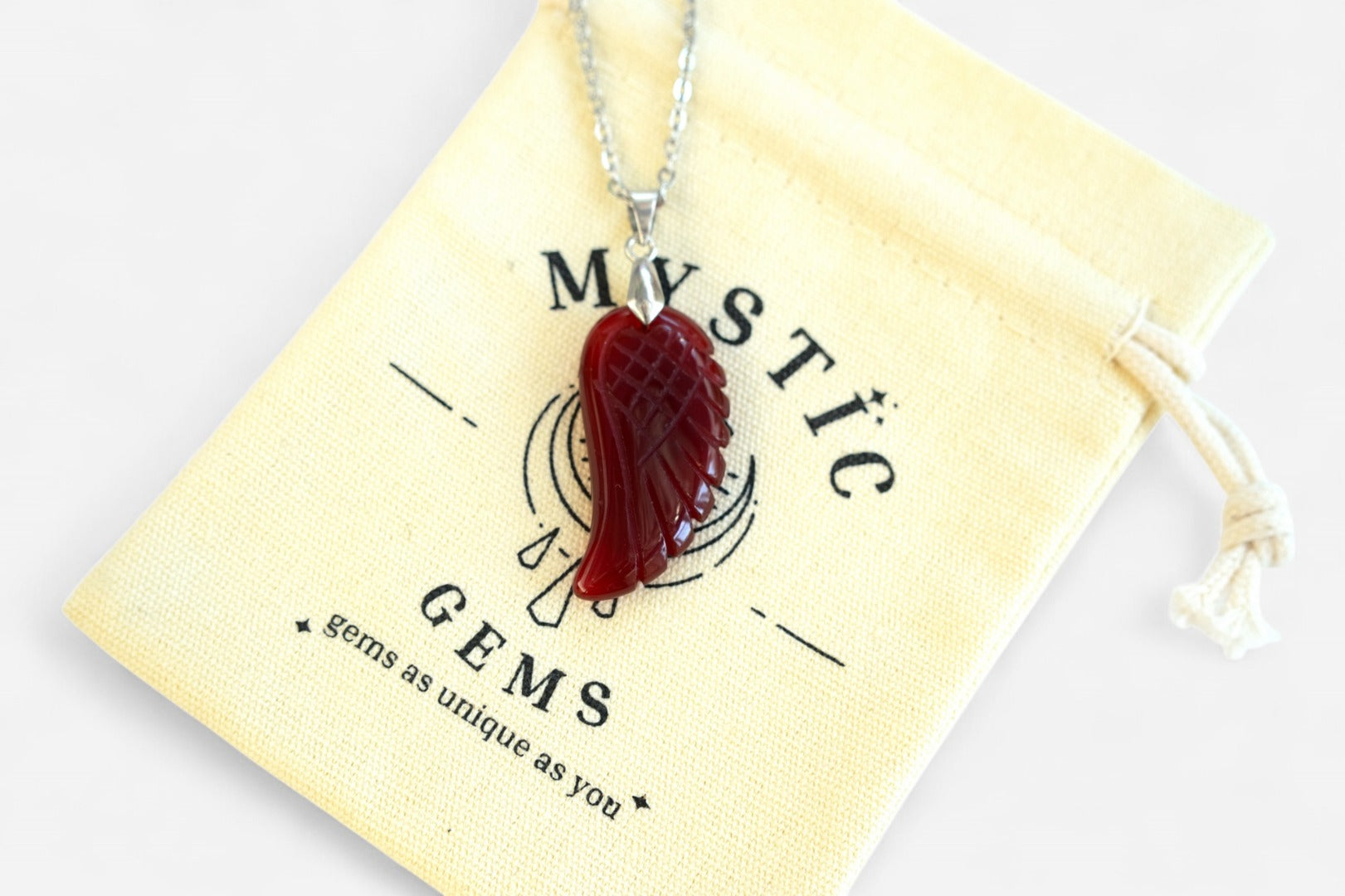 Red Agate Angel Wing Natural Gemstone Pendant Necklace 50cm with Pouch - Mystic Gems