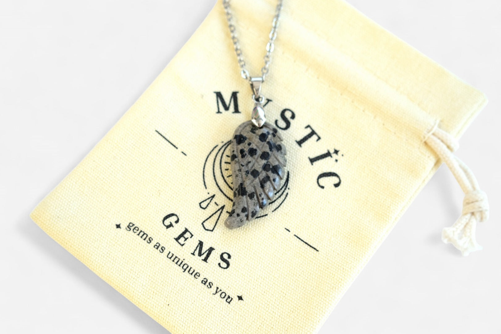Dalmatian Jasper Angel Wing Natural Gemstone Pendant Necklace 50cm with Pouch - Mystic Gems