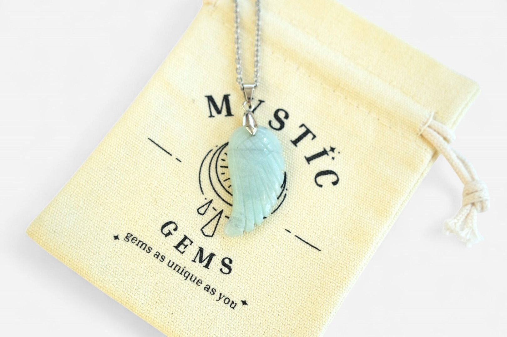 Amazonite Angel Wing Natural Gemstone Pendant Necklace 50cm with Pouch - Mystic Gems