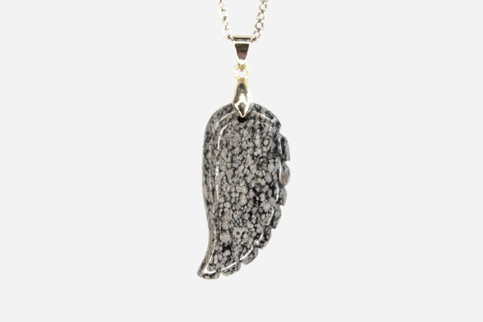 Snowflake Obsidian Angel Wing Natural Gemstone Pendant Necklace 50cm with Pouch - Mystic Gems