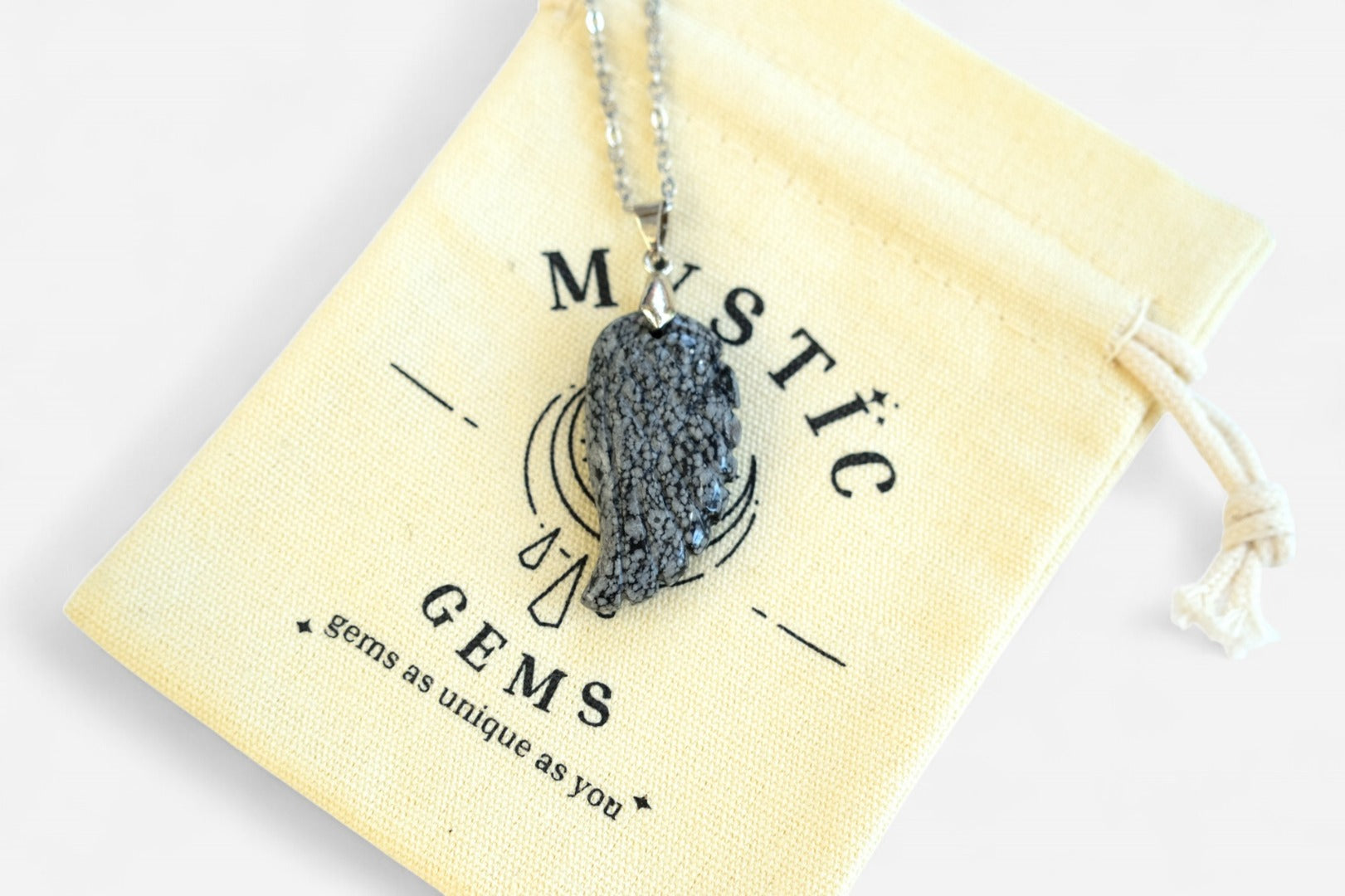 Snowflake Obsidian Angel Wing Natural Gemstone Pendant Necklace 50cm with Pouch - Mystic Gems
