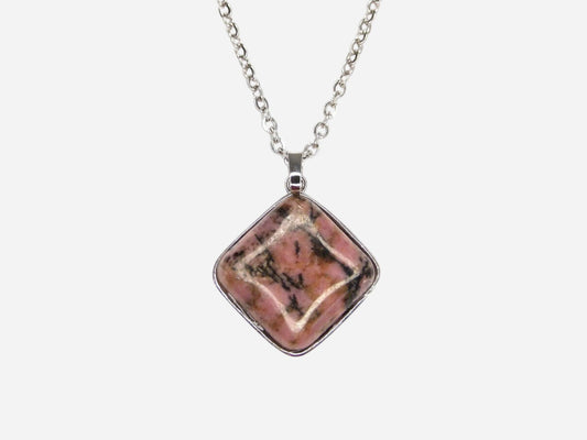 Rhodonite Square Natural Gemstone Pendant Necklace 50cm with Pouch - Mystic Gems