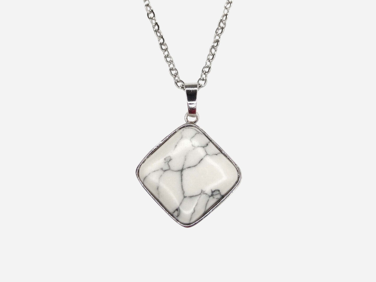 White Howlite Square Natural Gemstone Pendant Necklace 50cm with Pouch - Mystic Gems