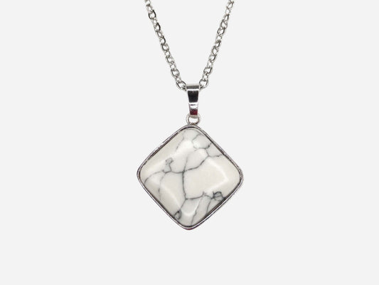 White Howlite Square Natural Gemstone Pendant Necklace 50cm with Pouch - Mystic Gems
