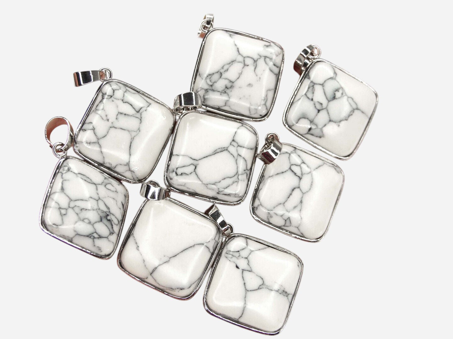 White Howlite Square Natural Gemstone Pendant Necklace 50cm with Pouch - Mystic Gems