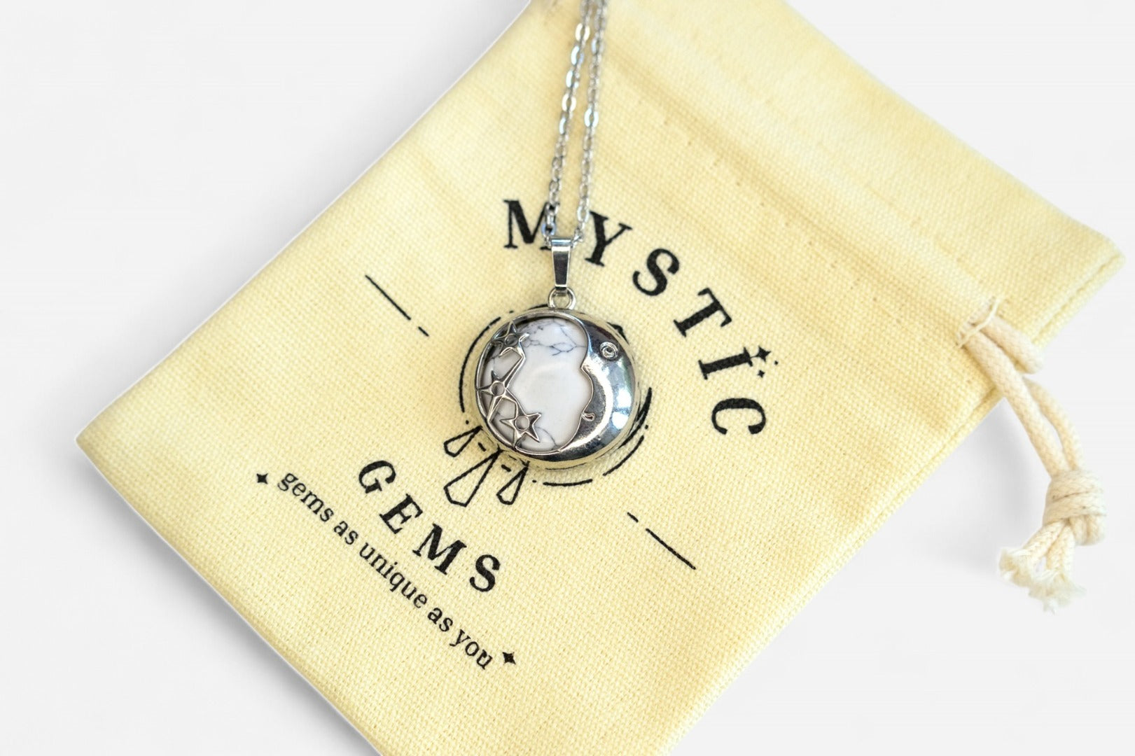 Howlite Moon Natural Gemstone Pendant Necklace 50cm with Pouch - Mystic Gems