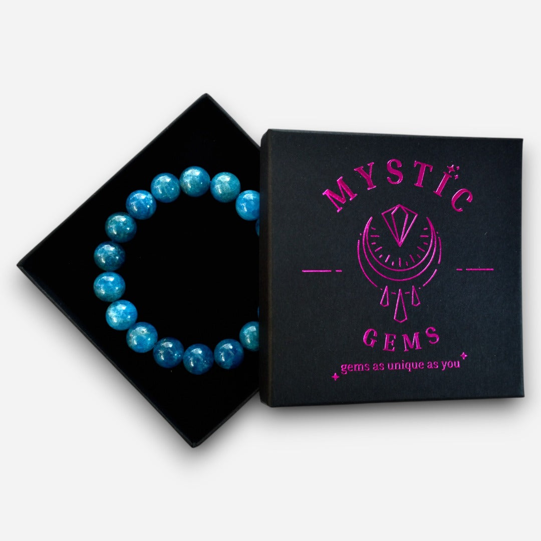 Blue Apatite 10mm Natural Gemstone Bracelet 6-9'' Elasticated with Box - Mystic Gems