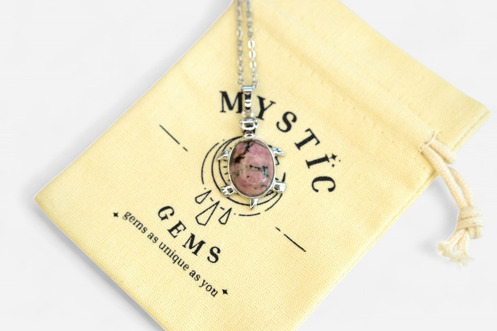 Rhodonite Turtle Natural Gemstone Pendant Necklace 50cm with Pouch - Mystic Gems