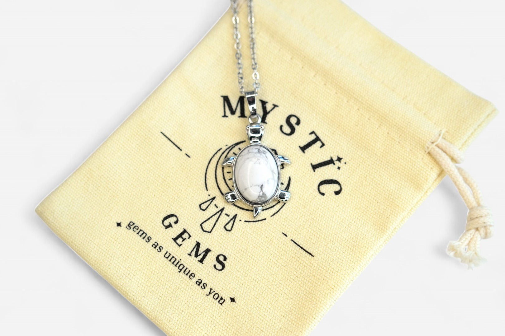 White Howlite Turtle Natural Gemstone Pendant Necklace 50cm with Pouch - Mystic Gems
