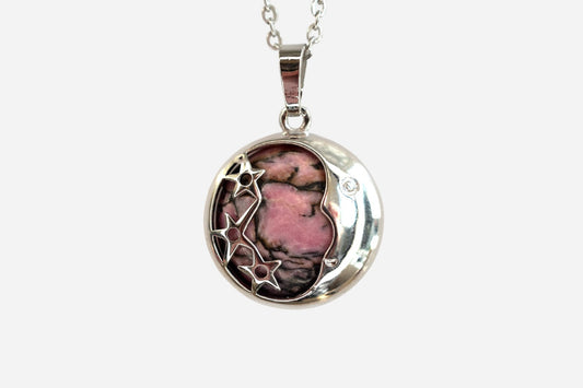 Rhodonite Moon Natural Gemstone Pendant Necklace 50cm with Pouch - Mystic Gems