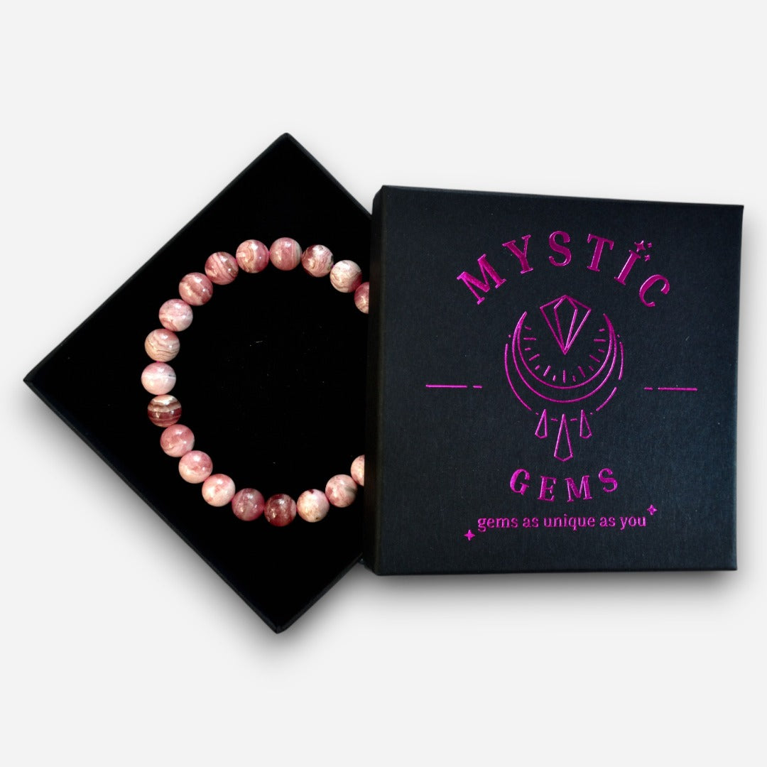 Rhodochrosite 8mm Natural Gemstone Bracelet 6-9'' Elasticated with Box - Mystic Gems