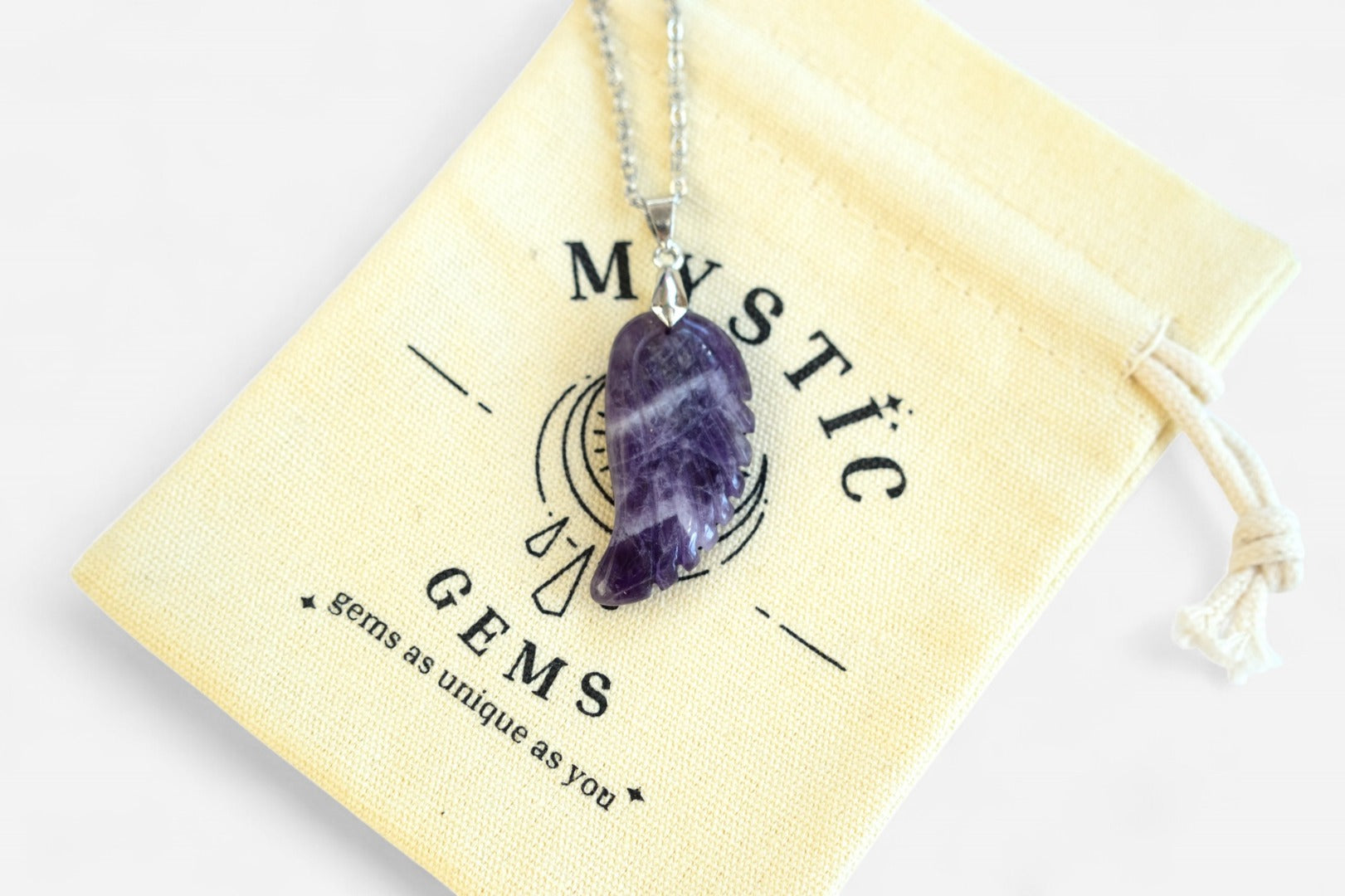 Amethyst Angel Wing Natural Gemstone Pendant Necklace 50cm with Pouch - Mystic Gems