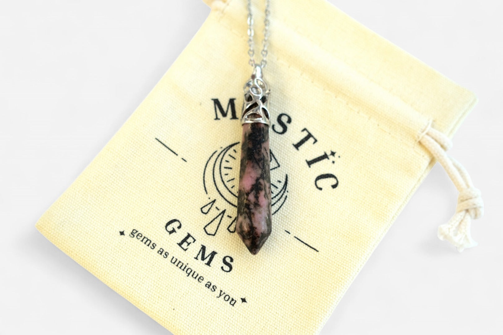 Rhodonite Long Hexagonal Natural Gemstone Pendant Necklace 50cm with Pouch - Mystic Gems