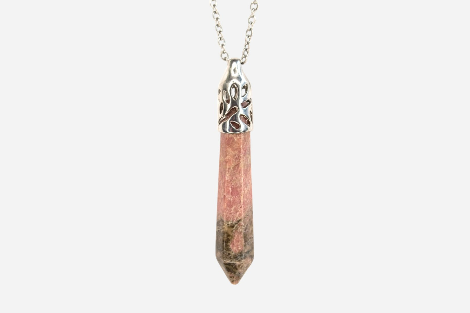 Rhodonite Long Hexagonal Natural Gemstone Pendant Necklace 50cm with Pouch - Mystic Gems
