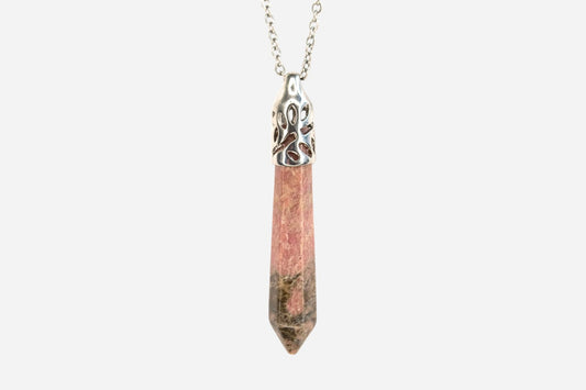 Rhodonite Long Hexagonal Natural Gemstone Pendant Necklace 50cm with Pouch - Mystic Gems
