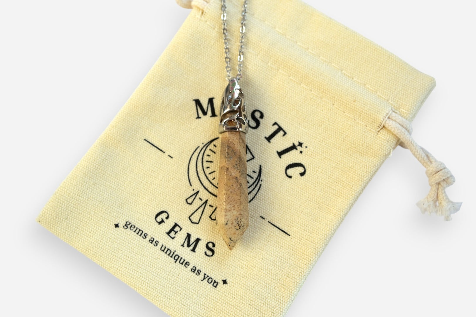 Picture Jasper Long Hexagonal Natural Gemstone Pendant Necklace 50cm with Pouch - Mystic Gems
