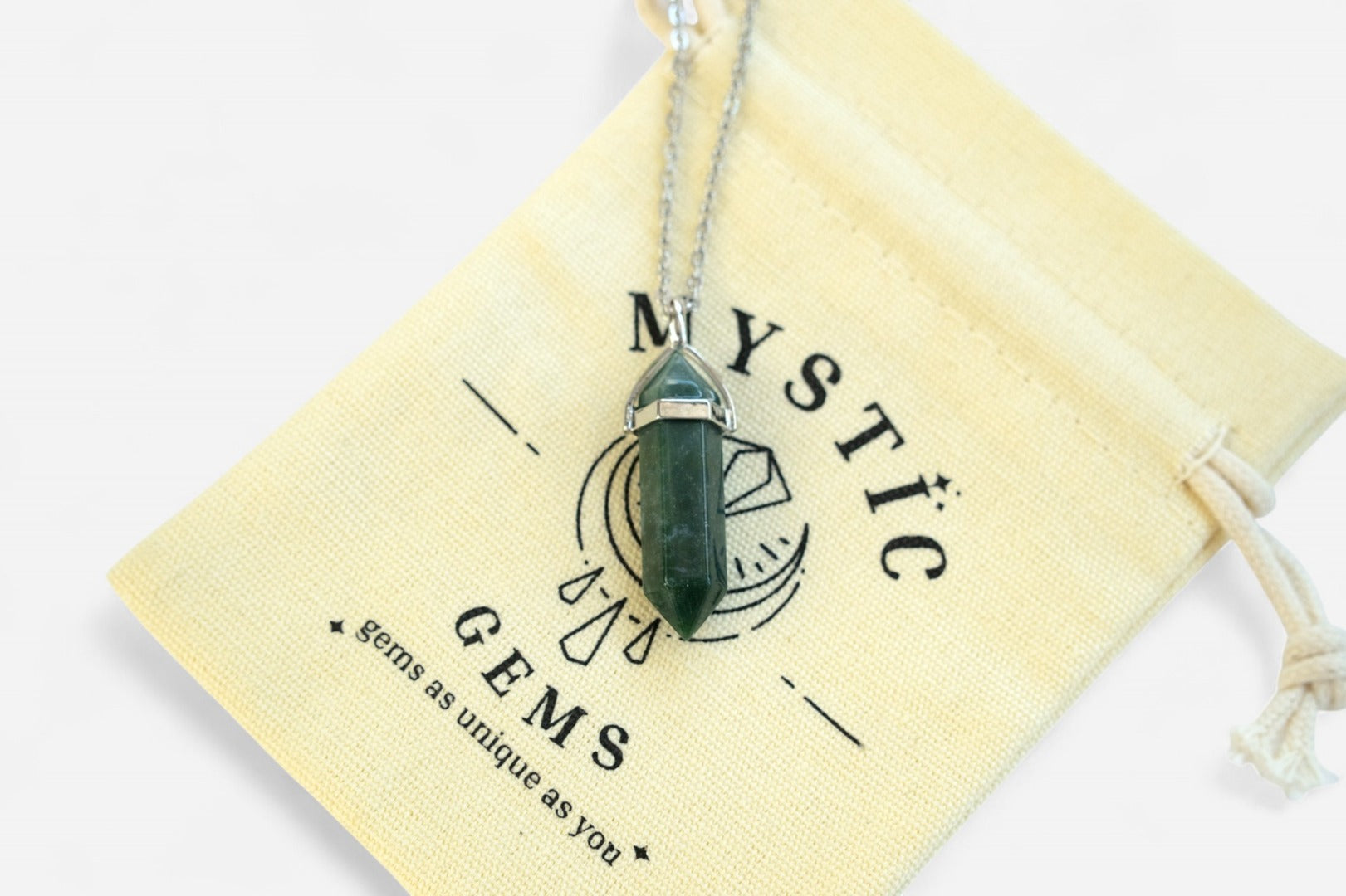 Moss Agate Hexagonal Natural Gemstone Pendant Necklace 50cm with Pouch - Mystic Gems
