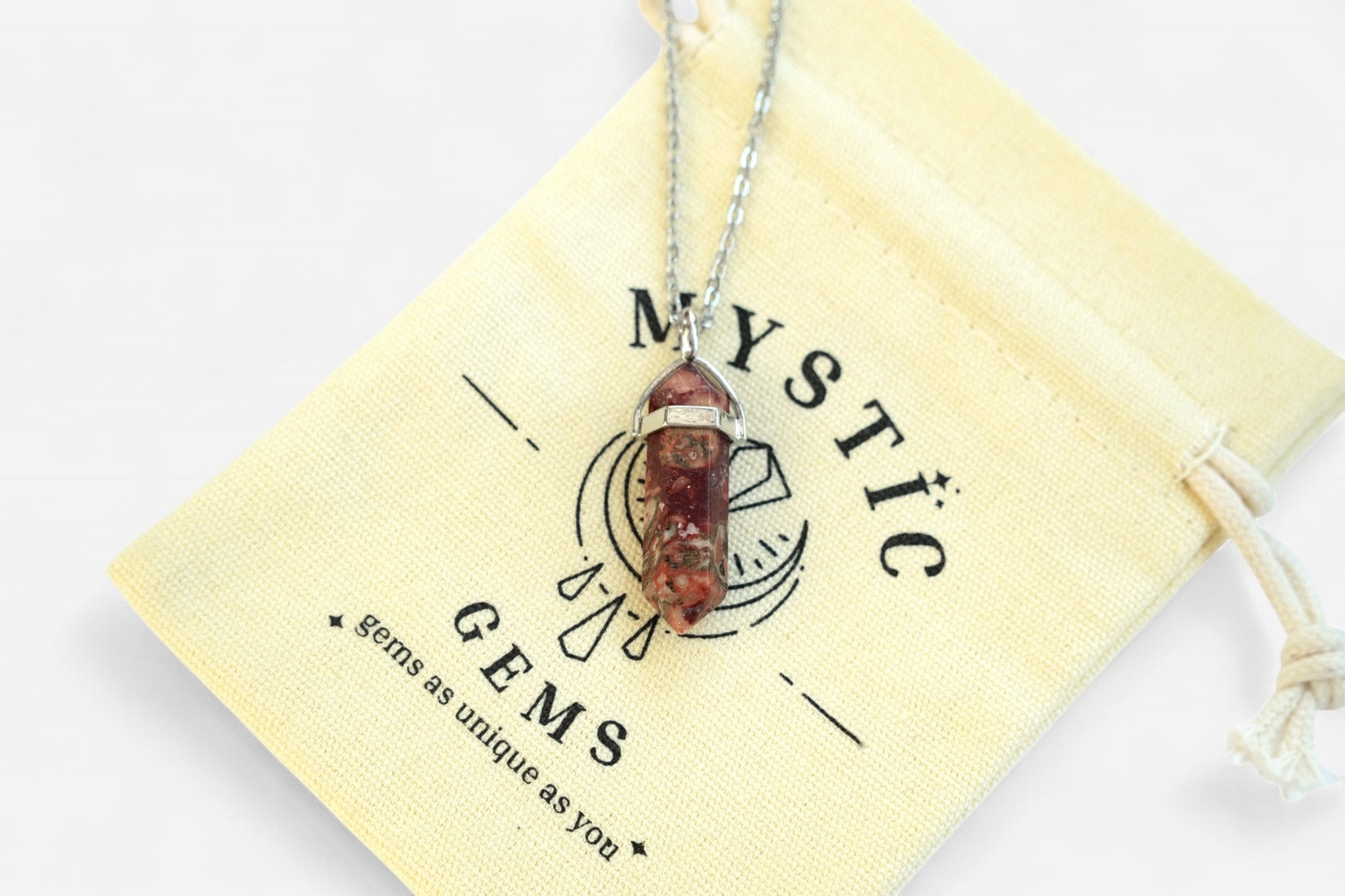 Red Leopard Skin Jasper Hexagonal Natural Gemstone Pendant Necklace 50cm with Pouch - Mystic Gems