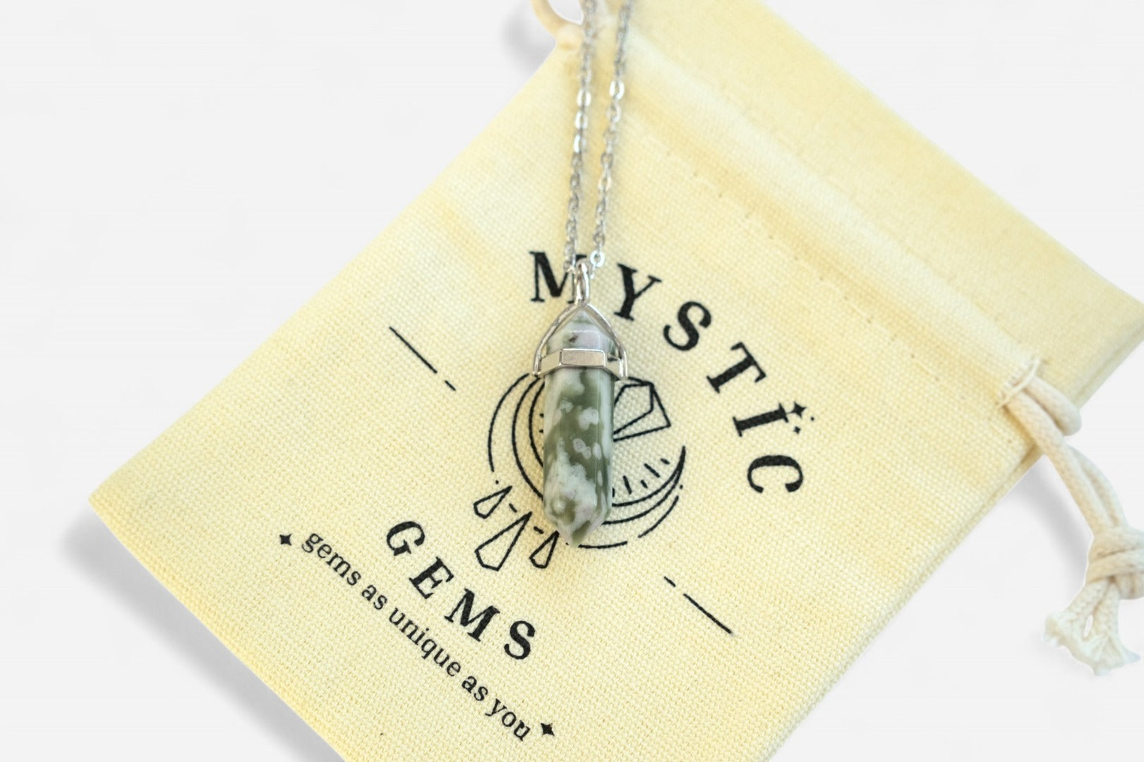 Light Moss Agate Hexagonal Natural Gemstone Pendant Necklace 50cm with Pouch - Mystic Gems